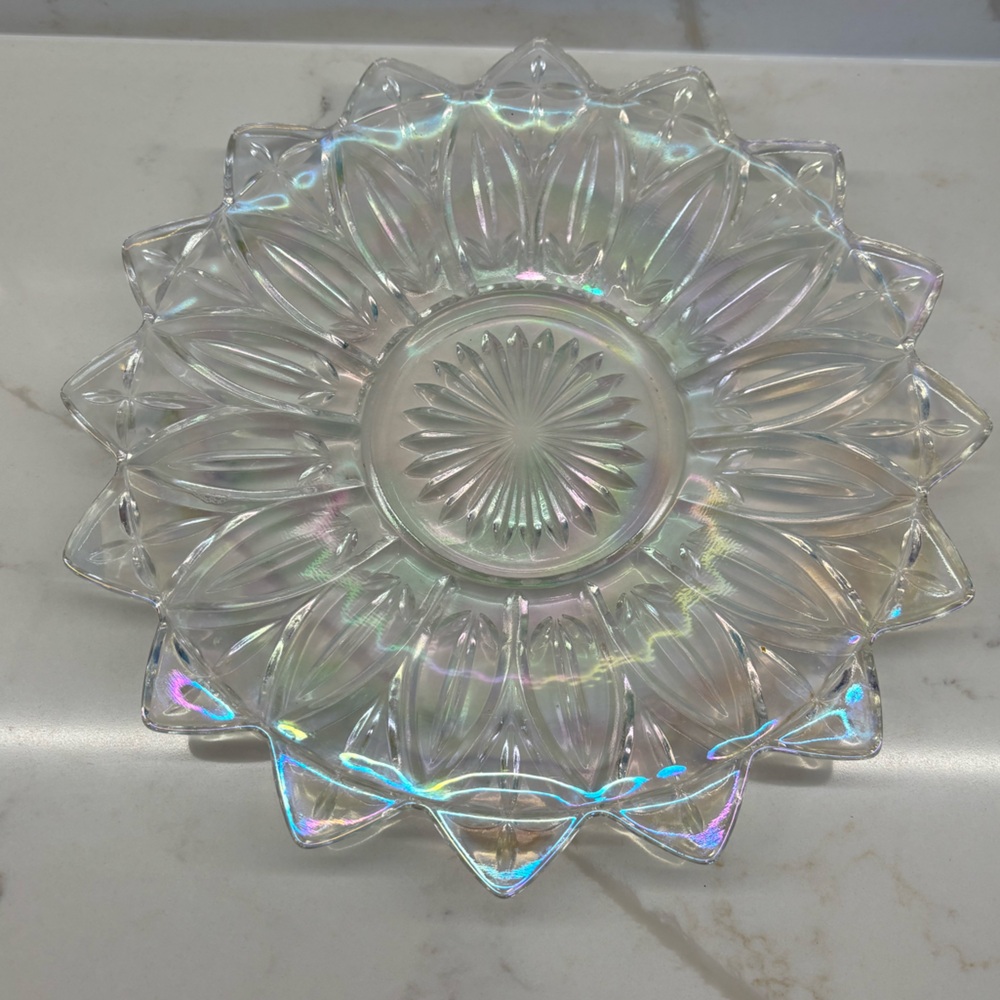 Vintage Federal Glass Iridescent Starburst Pattern Serving Plate